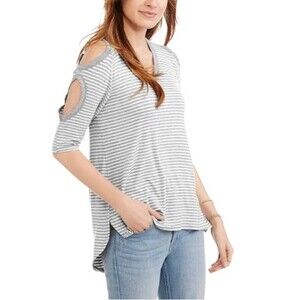 French Laundry V-Neck Stripe 3/4 Short Elbow Sleeve Tunic Tee Top High Low Slits